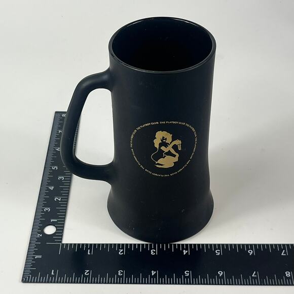5 Vintage Playboy Club Black Drinking Mugs Glass Matte Black Gold Tankard 16oz - Picture 10 of 16